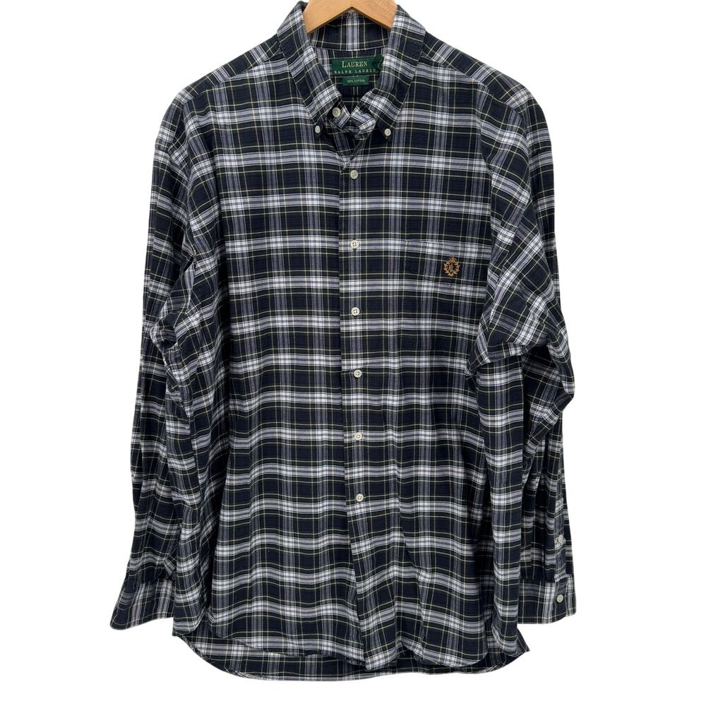 Lauren Ralph Lauren Shirt Mens XL Blue Green White Plaid Button Down Crest Logo